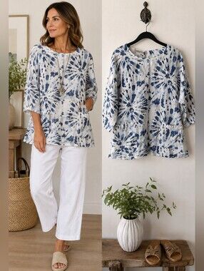 Francesca Bettini Italian Linen Tunic XL Blue White Abstract Print 100% Linen